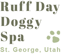 Ruff Day Doggy Spa logo in forest green with small lighter green pawprint